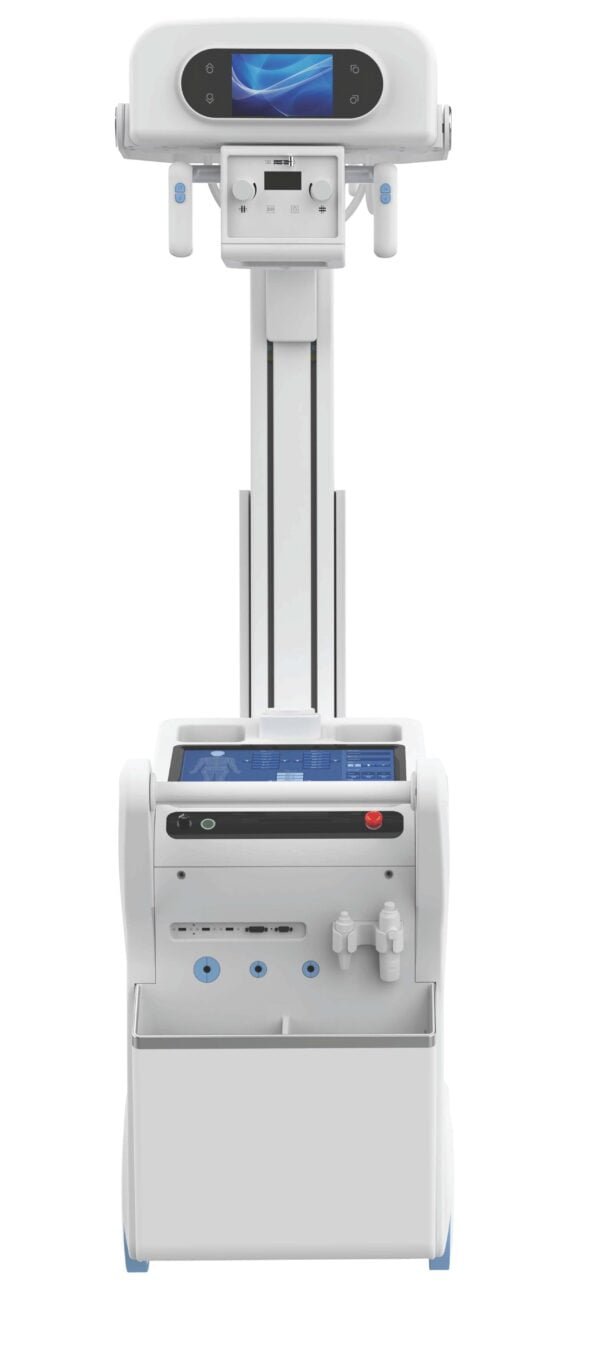 Imagen del sistema de radiografía móvil Mobile Spectra, destacando su diseño compacto, generador de alta frecuencia de 50 kW y capacidad de ofrecer imágenes radiológicas precisas en entornos clínicos como UCIs y salas de emergencia.